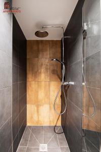 a bathroom with a shower with a shower head at Altstadt Apartments in Schongau +31 photos