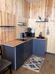 a kitchen with wooden walls and a counter top at Dream house Almaty in Almaty