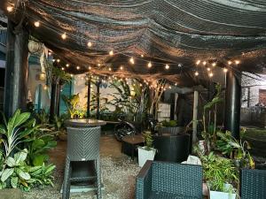 a pergola with lights and chairs and plants at Pondok Beach Shack in Tioman Island