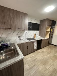 une cuisine avec un évier et un plan de travail dans l'établissement Departamento Familiar Cómodo Cerca de el Centro, à Cuenca