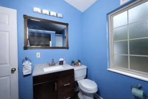 a blue bathroom with a toilet and a sink at Steps away from PF parkway, pet friendly, hot tub! in Pigeon Forge +26 photos