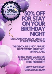 a flyer for a birthday party with purple balloons at Greg&Tom Beer House Hostel in Krakow