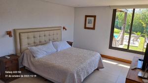 ein Schlafzimmer mit einem Bett und einem großen Fenster in der Unterkunft Laderas de Chacras vista montaña en Barrio privado in Ciudad Lujan de Cuyo + 23 Fotos