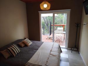 a bedroom with a bed and a sliding glass door at Potrerillos Rio Blanco Tiny, cabaña a orillas del Rio Blanco en Potrerillos in Potrerillos