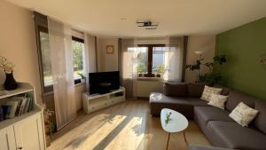 a living room with a couch and a tv at Ferienwohnung Schwarze in Duderstadt