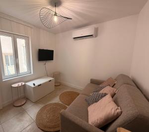 a living room with a couch and a tv at Moulin à Vent Studio Cosy in Lancié