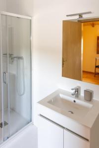 a white bathroom with a sink and a shower at Casa de Vilarinho in Vilarinho de Cotas +15 photos