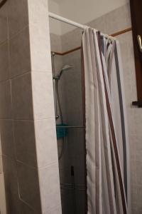 W łazience znajduje się prysznic z zasłoną prysznicową. w obiekcie Casa "Ale" con piscina comune e bellissimo giardino a 5 minuti dal mare w mieście Cecina