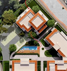 an aerial view of a house with a swimming pool at Lustica Bay Centrale 7a4 in Tivat
