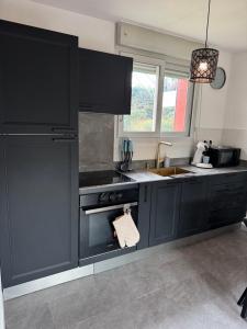 a kitchen with black cabinets and a sink at Appartement, Cozy trois in Toulouse
