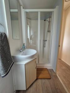 ein Badezimmer mit einem weißen Waschbecken und einer Dusche in der Unterkunft Cosy Perranporth caravan, Cornwall in Perranzabuloe