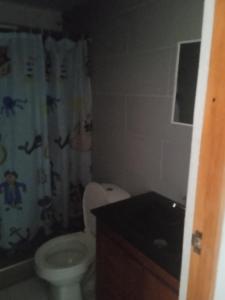 a bathroom with a toilet and a shower curtain at Casa Emmalana in Santa Marta