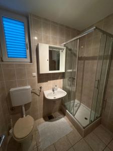 łazienka z prysznicem, toaletą i umywalką w obiekcie Apartment Pirun w Bašce +37 zdjęć