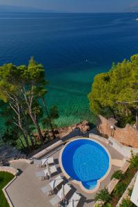 an aerial view of a swimming pool and the ocean at Villa Paulina in Brela