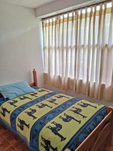 a bedroom with a bed and a window with curtains at Hostal Aylluq Wasin Casa de Familia-Guest House, habitación Familiar in Urubamba +8 photos