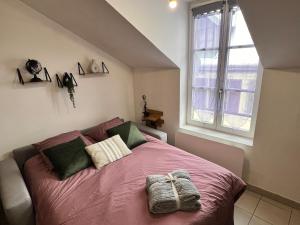a bedroom with a purple bed with a window at Charmant appart T2 tout équipé in Montbéliard
