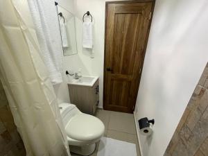 a bathroom with a toilet and a wooden door at Apartaloft 207 Near to hospital San Jorge in Pereira