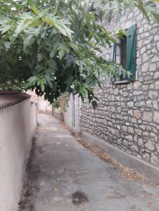 a tree in front of a stone building with a sidewalk at Vitina Number 5 House in Vitina +45 photos