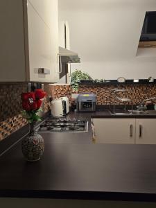 a kitchen counter with a vase with roses in it at Modern Beautiful Luxury Coach House Free Parking in Birmingham +9 photos