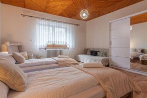 Un dormitorio con dos camas y una gran ventana. en Apartament PIETRASÓWKA, en Jurgów