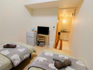a small room with two beds and a television at 豆インプラス in Saitama