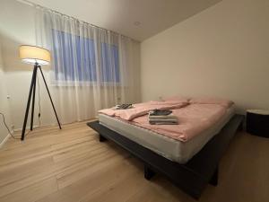a bedroom with a bed with a lamp and a window at kompletne zariadený 3 izbový byt in Belá