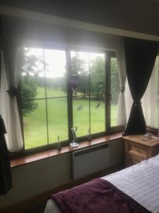 1 dormitorio con ventana y vistas a un campo verde en Lodge on Grounds of Ballykisteen Golf Resort, en Tipperary