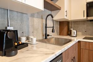 a kitchen with a sink and a counter top at Le Boréal Abitibi Hôtel in Val-dʼOr +25 photos