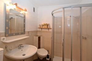 a bathroom with a shower and a sink and a toilet at Ferienwohnung Thordsen 2 in Burgtiefe auf Fehmarn 