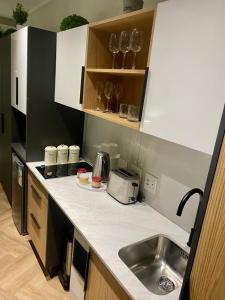 a kitchen with a sink and a counter top at On Park Century City Cozy Apartment in Cape Town +2 photos