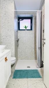 a bathroom with a shower and a toilet and a window at SEAESTA Cosy Sea Apartment in Koper