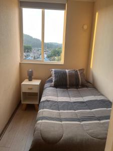 a small bedroom with a bed and a window at Departamento acogedor y céntrico in Temuco