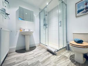 a bathroom with a shower and a toilet and a sink at Longsands Beach, Apartment 4, Tynemouth in Tynemouth