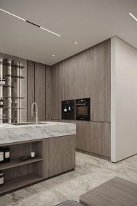 eine Küche mit großer Spüle und Holzwänden in der Unterkunft Dukley villas in Budva + 36 Fotos