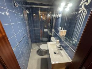 a blue tiled bathroom with a toilet and a sink at Sobreira Stone Cottage in Peso da Régua +16 photos