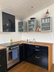 a kitchen with a sink and a stove and cabinets at Practical and cozy cottage in idyllic Senja in Senja