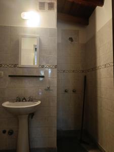 a bathroom with a sink and a shower at Hotel Manzanares Plaza in Buenos Aires
