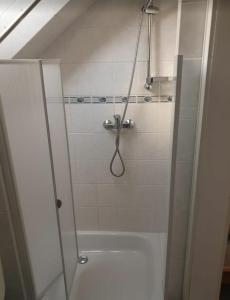 a shower with a glass door in a bathroom at Ferienwohnung Taube Hildesheim in Hildesheim