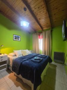 a bedroom with green walls and a bed with a blue blanket at Lo de Kami in Ushuaia