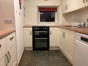 eine Küche mit schwarzem Backofen und Spüle in der Unterkunft Bowood Cottage in Abbotsham