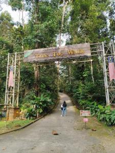 a person standing under a tree top walk sign at Inap Desa Jalan Baru in Kampong Sedim Number Two