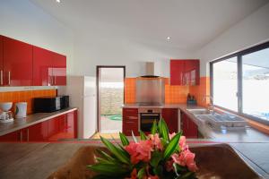 a kitchen with red cabinets and a vase of flowers at Villa Te Torea in Arue