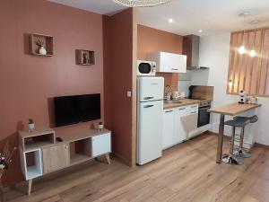 a small kitchen with a white refrigerator and a table at Studio calme centre-ville Châteauroux avec parking - FR-1-591-725 in Châteauroux +10 photos