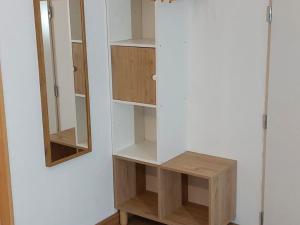 ein Schrank mit Spiegel und Holzregalen in der Unterkunft Studio moderne et calme avec parking à Châteauroux - FR-1-591-724 in Châteauroux