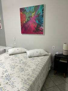 阿瓜斯迪林多亚Aconchegante Flat Cavalinho Branco Águas de Lindóia的卧室里有一张床，墙上挂着一幅画