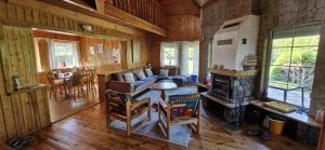 a living room with a couch and a fireplace at Domek Malina in Nadole