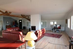 a living room with leather couches and a tv at Chambre d'hôte de l'élevage du Lattay in Châteauneuf-sur-Sarthe