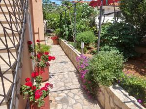 a garden with flowers in pots on a wall at Morena in Pula