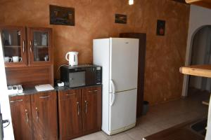 Una cocina con un refrigerador blanco y un microondas. en Hantam Kunskamer, en Calvinia