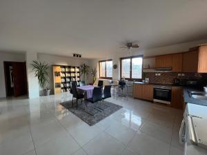 a kitchen and living room with a table and chairs at Dom pri kúpalisku Thermalpark na Malotejedskej in Dunajská Streda